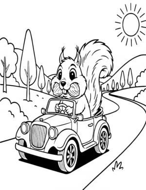 Adventurous Squirrel Driving Convertible Coloring Page by Mindset Flow