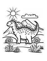 Adventurous Stegosaurus Dinosaur in Nature with Sun and Mountains Coloring Page