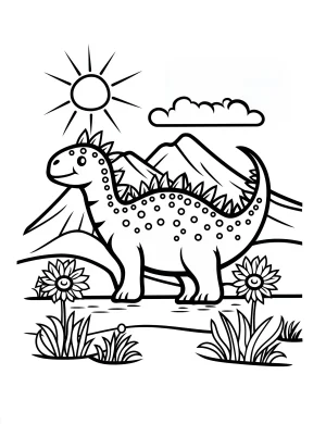 Adventurous Stegosaurus Dinosaur in Nature with Sun and Mountains Coloring Page