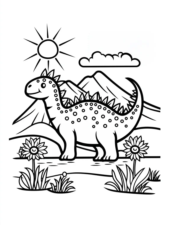 Adventurous Stegosaurus Dinosaur in Nature with Sun and Mountains Coloring Page