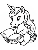 Amazing Cartoon Unicorn Reading a Book Coloring Page