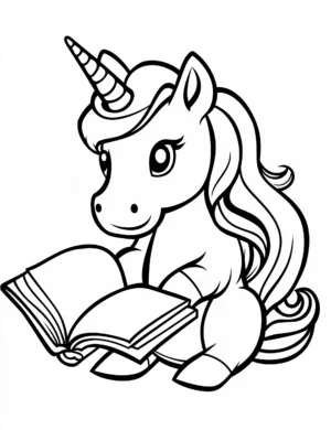 Amazing Cartoon Unicorn Reading a Book Coloring Page