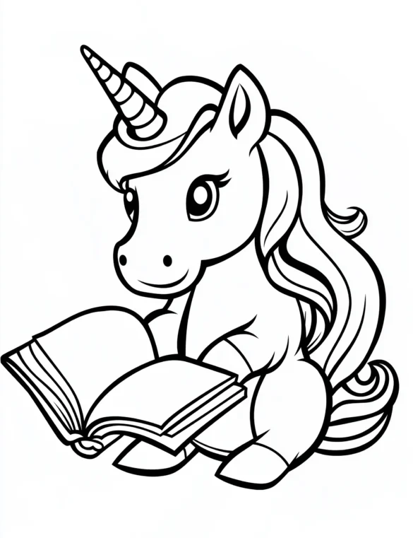 Amazing Cartoon Unicorn Reading a Book Coloring Page