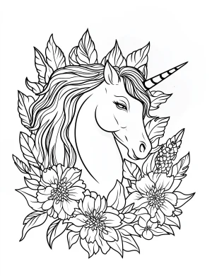Amazing Rainbow Unicorn with Flowing Mane Surrounded by Large Detailed Flowers and Leaves Coloring Page