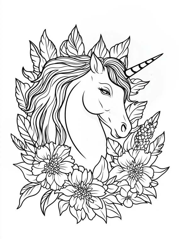 Amazing Rainbow Unicorn with Flowing Mane Surrounded by Large Detailed Flowers and Leaves Coloring Page