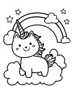 Amazing Unicorn Cat with Rainbow and Stars Fantasy Coloring Page
