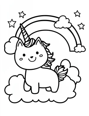 Amazing Unicorn Cat with Rainbow and Stars Fantasy Coloring Page