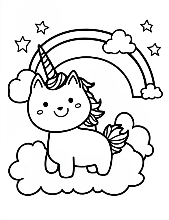 Amazing Unicorn Cat with Rainbow and Stars Fantasy Coloring Page