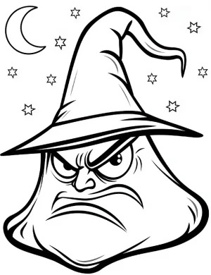Angry Witch Hat with Moon and Stars Coloring Page by Mindset Flow