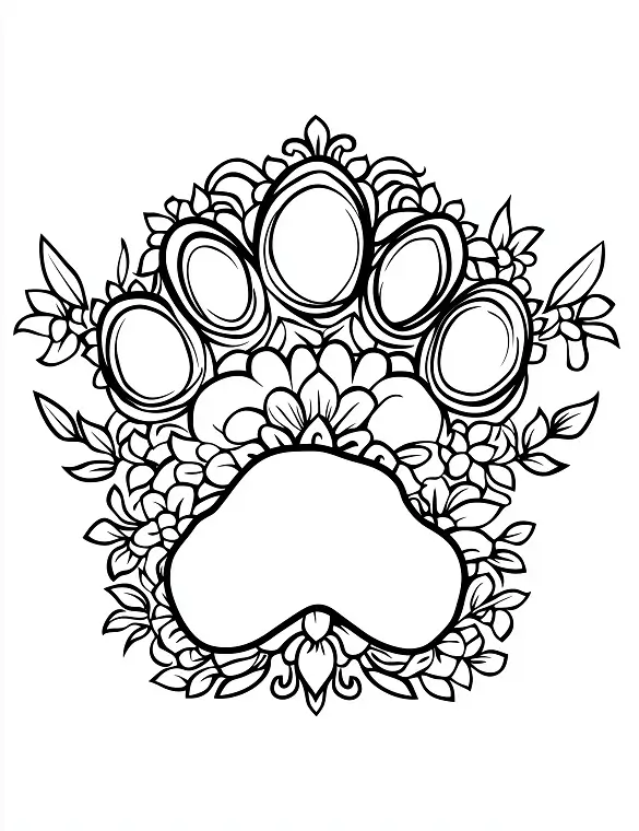 Animal Paw Print Floral Design Printable Adult Coloring Page