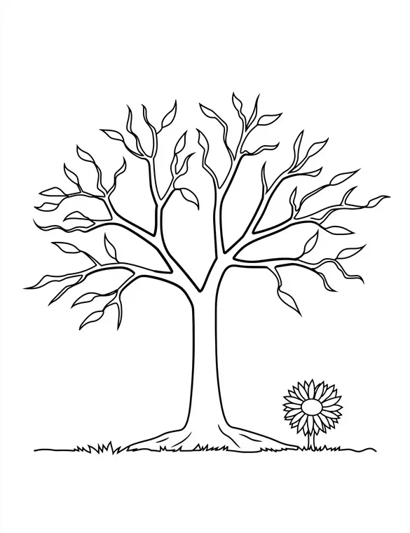 Autumn Tree with Flower Printable Coloring Page