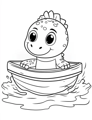 Baby Cartoon T-Rex in Boat with Water Splash Coloring Page
