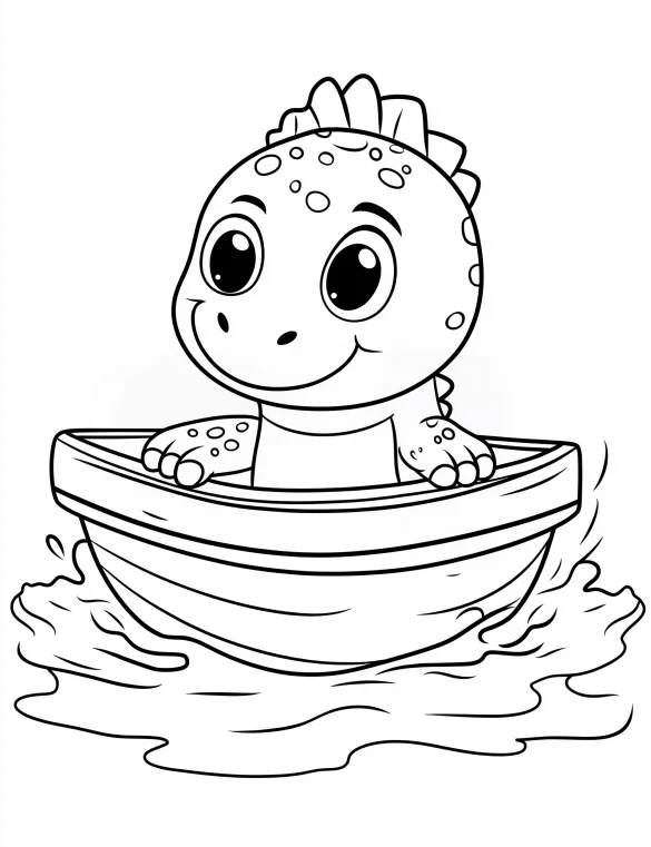 Baby Cartoon T-Rex in Boat with Water Splash Coloring Page
