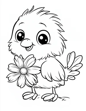 Baby Chick Holding a Flower Coloring Page