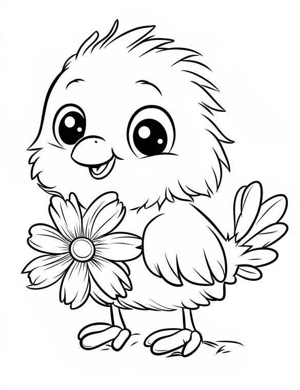 Baby Chick Holding a Flower Coloring Page