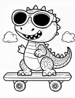 Baby Dino with Sunglasses on Skateboard Coloring Page