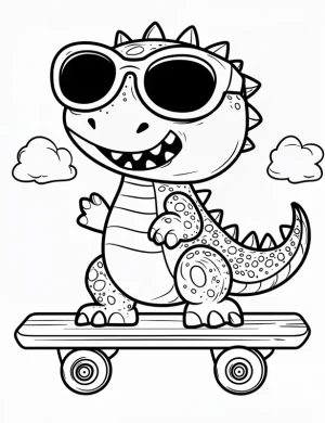 Baby Dino with Sunglasses on Skateboard Coloring Page