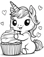 Baby Unicorn Sitting Next to Giant Cupcake Coloring Page