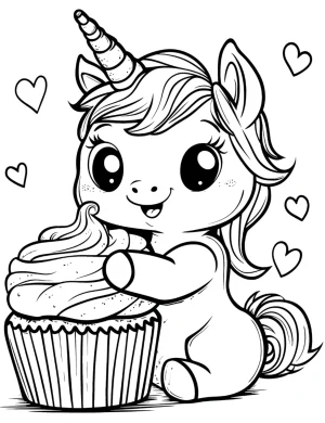 Baby Unicorn Sitting Next to Giant Cupcake Coloring Page