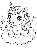 Baby Unicorn Sitting on Fluffy Cloud with Stars Coloring Page