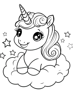 Baby Unicorn Sitting on Fluffy Cloud with Stars Coloring Page