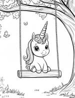 Baby Unicorn Sitting on Swing in Forest Coloring Page