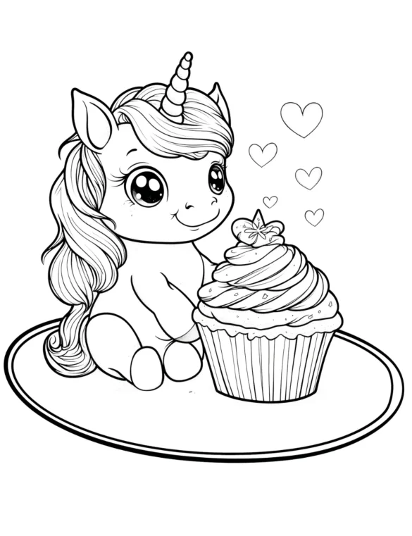 Baby Unicorn with Cupcake and Hearts Coloring Page