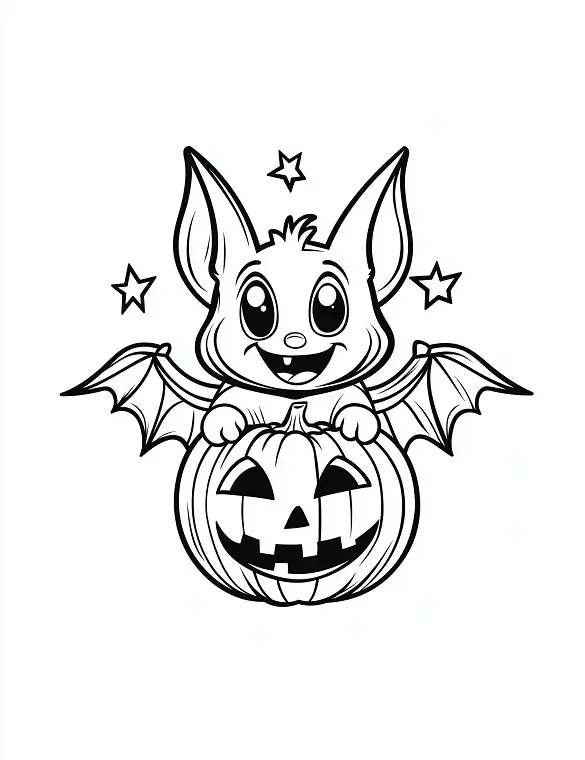 Bat Holding a Pumpkin with Stars Halloween Coloring Page By Mindset Flow