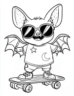 Bat Wearing Sunglasses Plain Shirt Riding a Skateboard Coloring Page by Mindset Flow