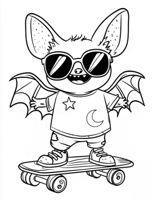 Bat Wearing Sunglasses Plain Shirt Riding a Skateboard Coloring Page by Mindset Flow