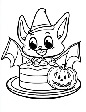 Bat with Pumpkin Cake Halloween Coloring Page by Mindset Flow