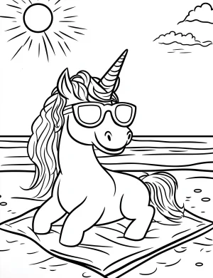 Beach Scene Unicorn Wearing Sunglasses and Relaxing on Towel Coloring Page
