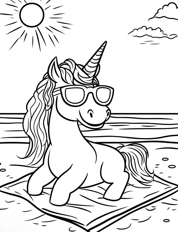 Beach Scene Unicorn Wearing Sunglasses and Relaxing on Towel Coloring Page