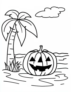 Beachside Pumpkin with Palm Tree Halloween Coloring Page by Mindset Flow