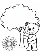 Bear Standing by Tree with Sunflower Coloring Page