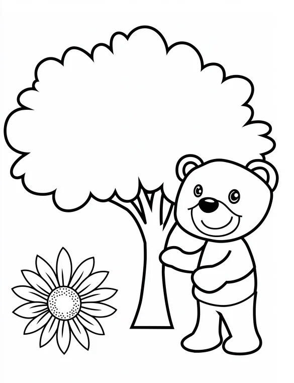 Bear Standing by Tree with Sunflower Coloring Page