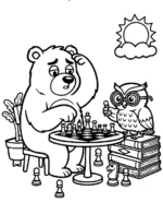 Bear and Owl Playing Chess in the Sun Coloring Page by Mindset Flow