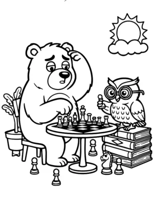 Bear and Owl Playing Chess in the Sun Coloring Page by Mindset Flow