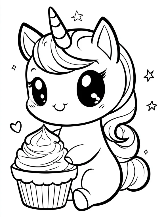 Beautiful Cartoon Unicorn with Cupcake and Stars Coloring Page
