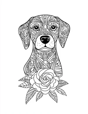 Beautiful Dog With Rose Flower Coloring Page By Mindset Flow