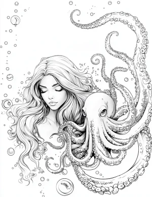 Beautiful Girl With Octopus Adult Coloring Page By Mindset Flow