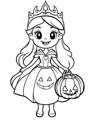 Beautiful Halloween Princess with Crown and Pumpkin Basket Coloring Page by Mindset Flow