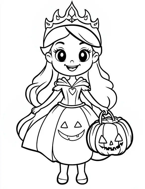 Beautiful Halloween Princess with Crown and Pumpkin Basket Coloring Page by Mindset Flow