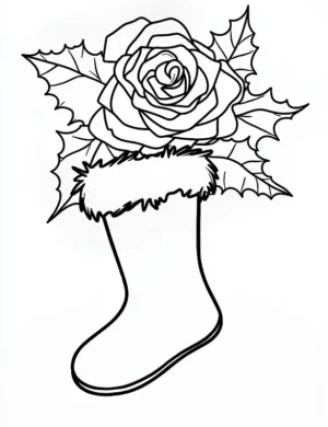 Beautiful Holly And Rose in Stocking Christmas Coloring Page by Mindset Flow