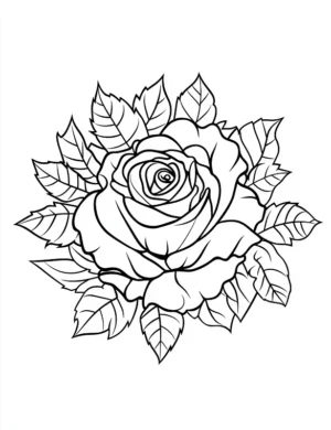 Beautiful Large Rose Bloom With Leaves Flower Coloring Page By Mindset Flow