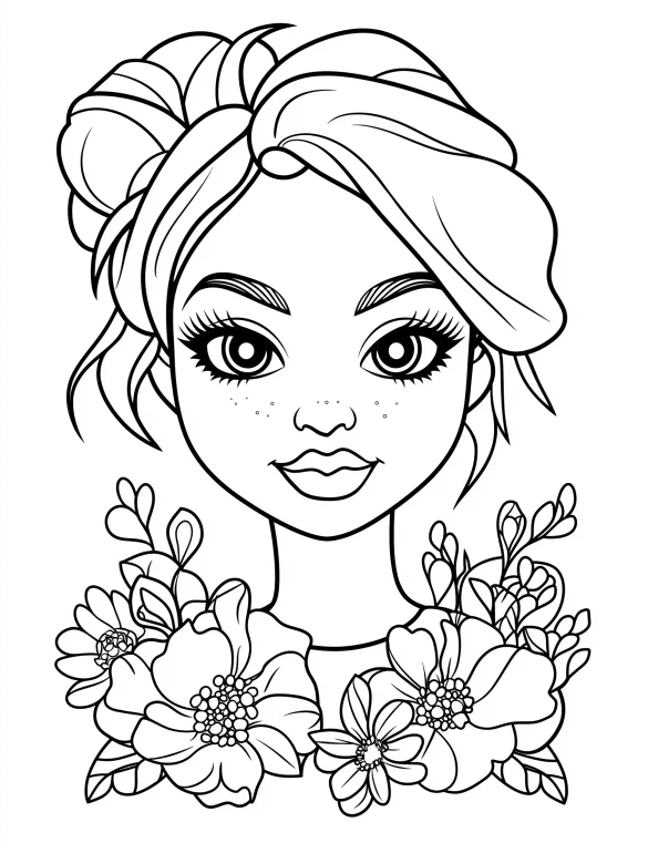 Beautiful Woman with Cherry Blossom Floral Crown Coloring Page