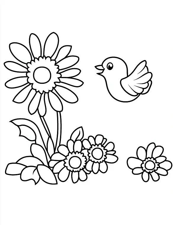 Bird and Sunflowers In Bloom Flower Coloring Page By Mindset Flow