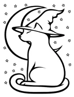 Black Cat Sitting by Crescent Moon Halloween Coloring Page by Mindset Flow
