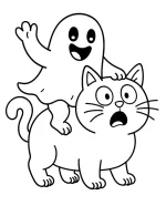 Black Cat With Ghost In A Haunted Halloween Scene Coloring Page by Mindset Flow