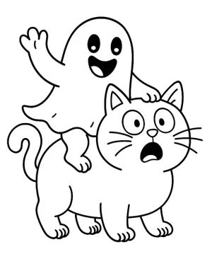 Black Cat With Ghost In A Haunted Halloween Scene Coloring Page by Mindset Flow